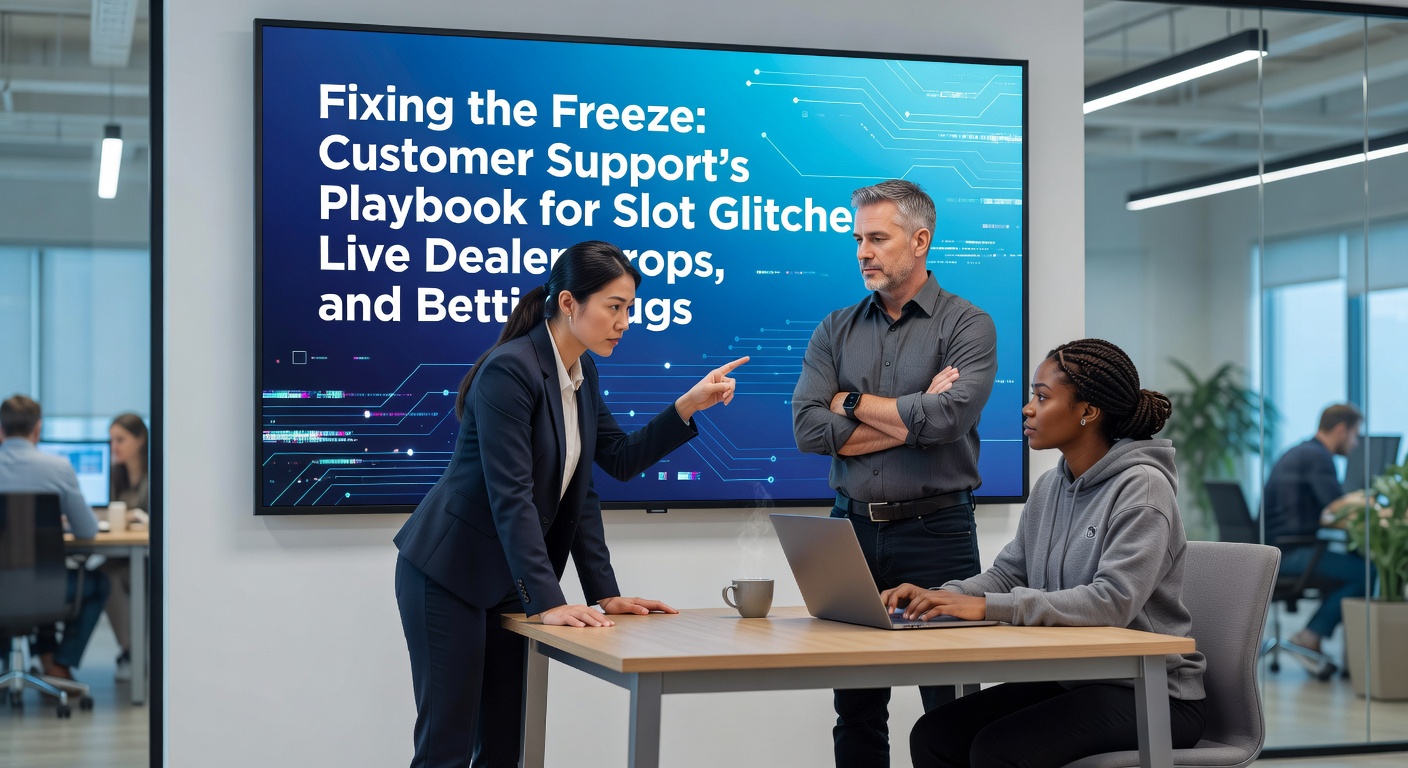 Customer support agents troubleshooting slot machine glitches on multiple screens in a busy operations center