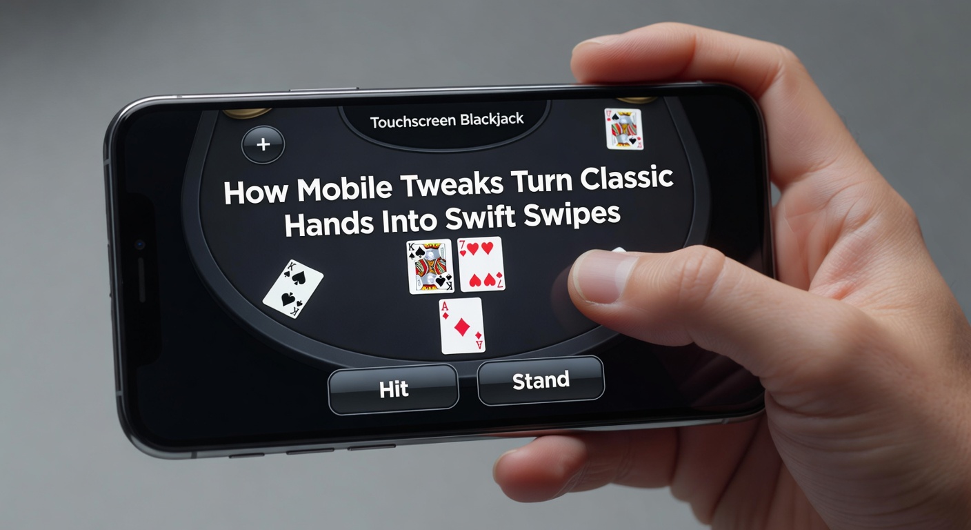 A mobile phone screen displaying a vibrant touchscreen blackjack table with virtual cards and swipe gestures highlighted