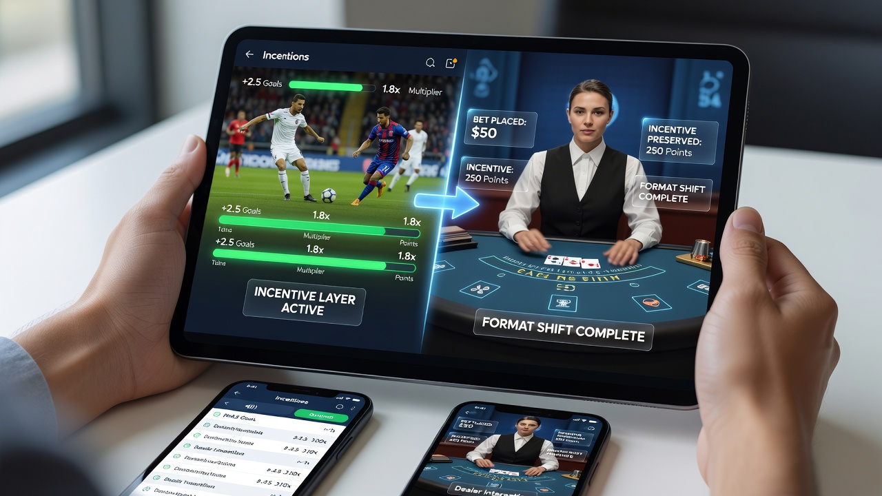 Mobile transaction flow diagram showing sports betting to live dealer game switch with preserved rewards